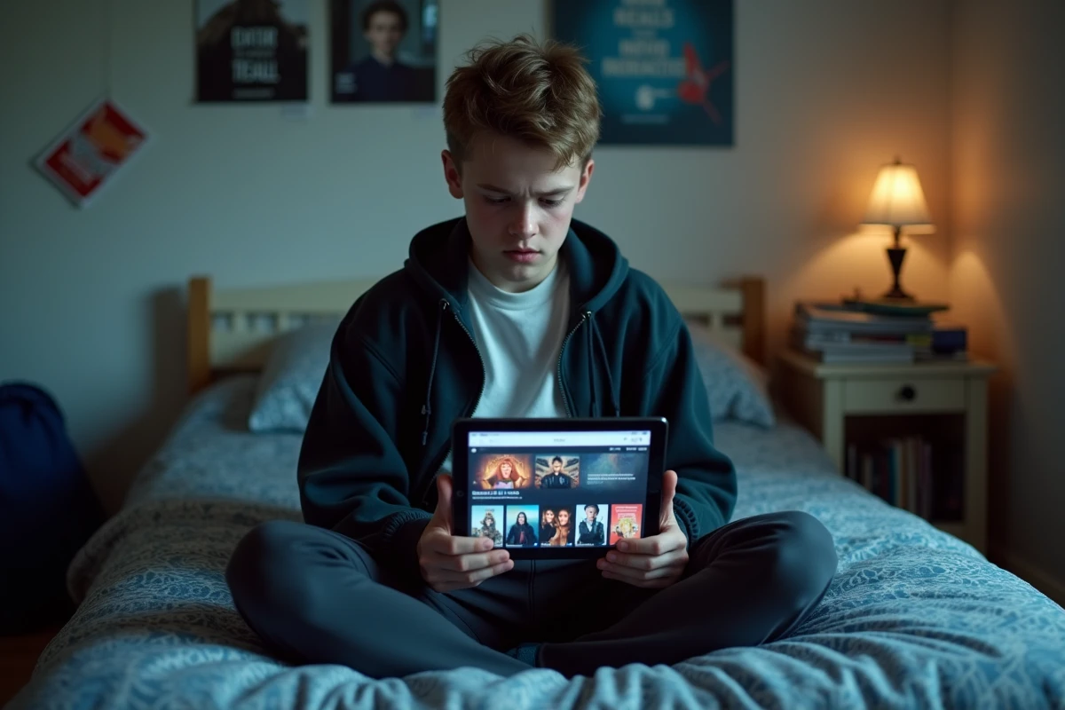 Adolescent utilisant une tablette pour accéder à une plateforme de films en streaming dans sa chambre, questionnant la légalité des sites gratuits