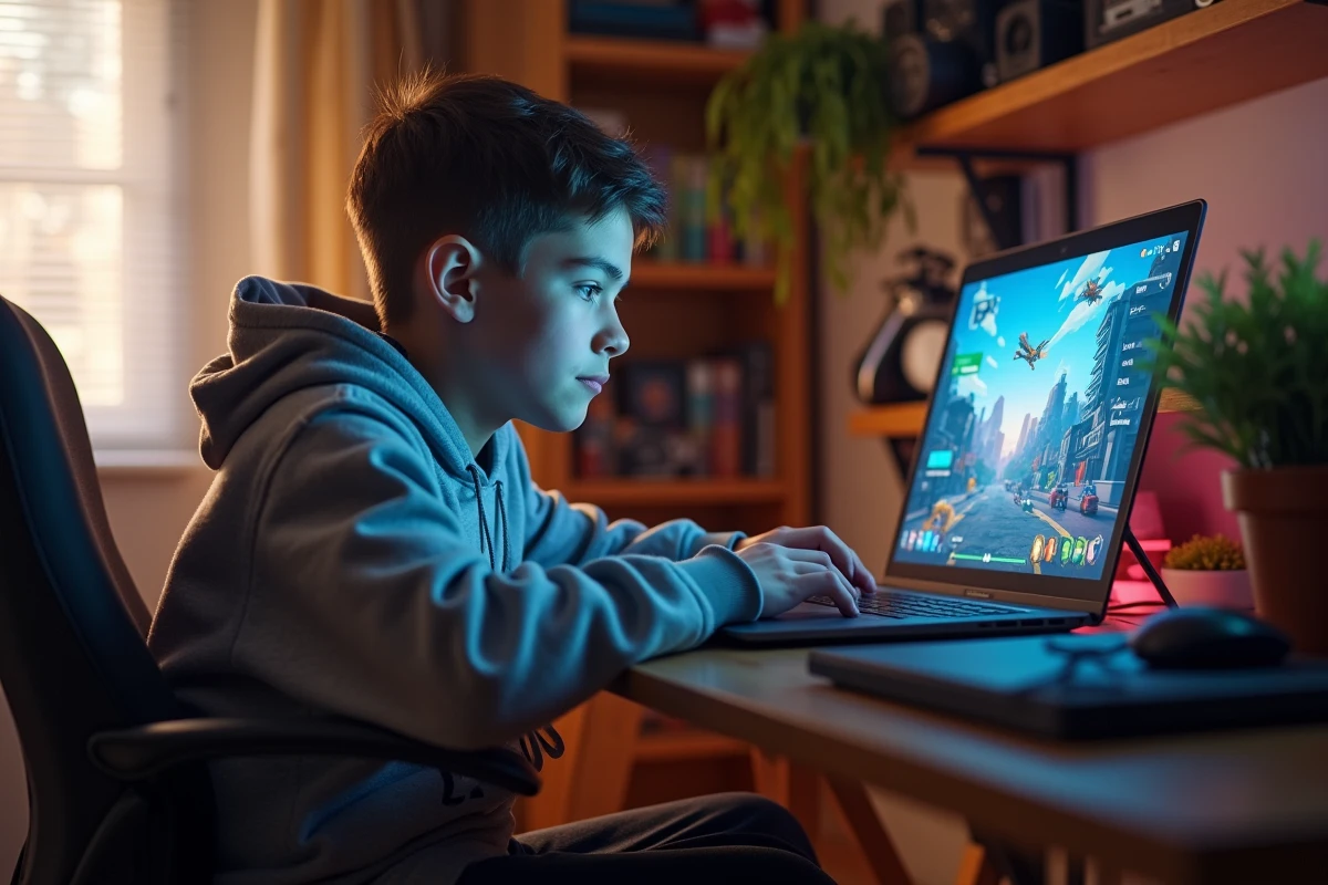 Adolescent consultant son temps de jeu Roblox sur un ordinateur portable dans sa chambre