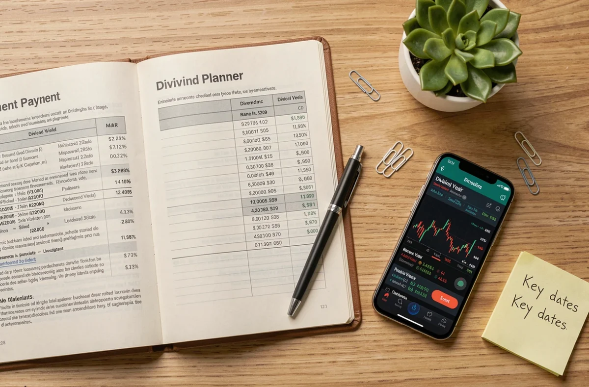 Vue aérienne d'un agenda financier ouvert sur un calendrier de dividendes avec smartphone affichant des données boursières sur un bureau en bois