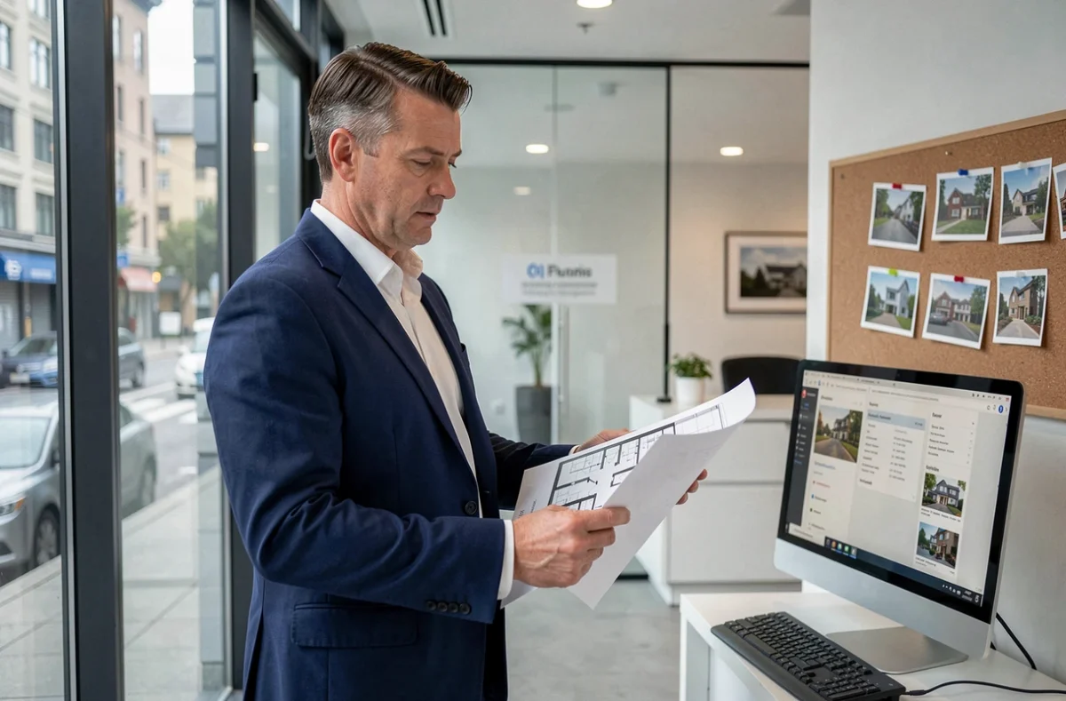 Agent immobilier analysant des annonces en ligne et un plan de propriété dans une agence moderne