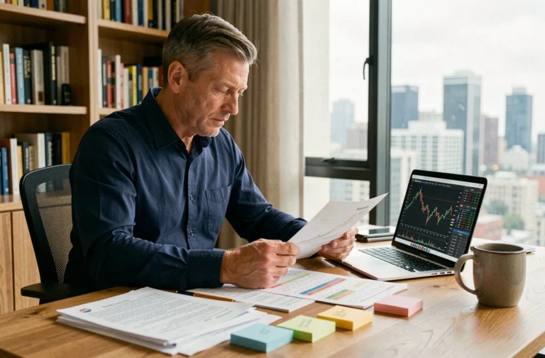 Homme d'affaires analysant un calendrier de versement de dividendes sur son bureau avec des documents financiers et un ordinateur portable
