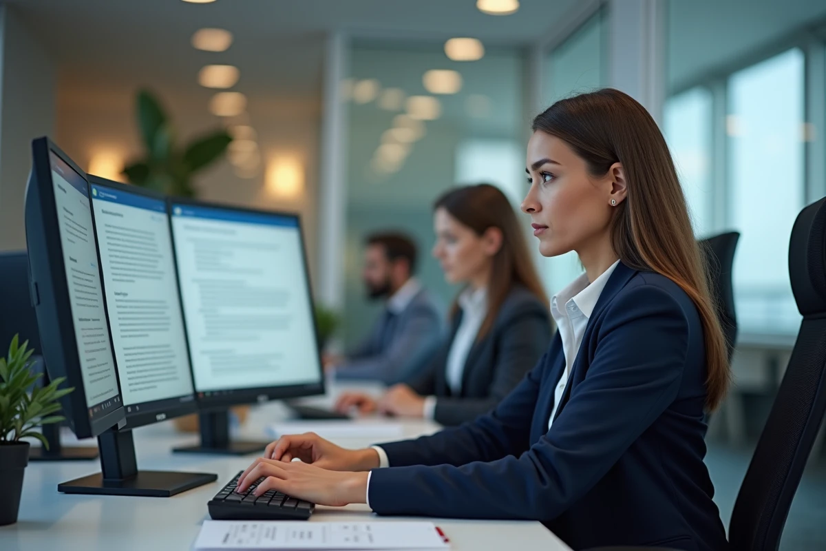 Femme analyste en bureau professionnel examinant les conditions légales d'une plateforme de streaming de films sur double écran