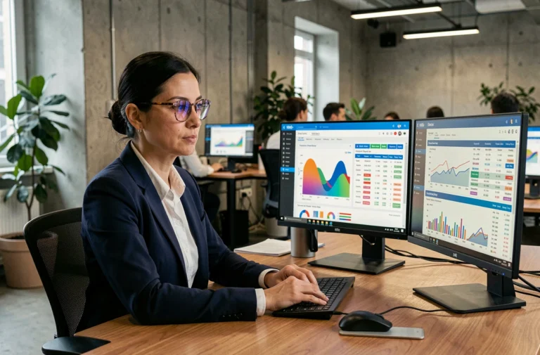 Analyste SEO féminine examinant des tableaux de bord de performances SEO sur deux écrans dans un bureau moderne