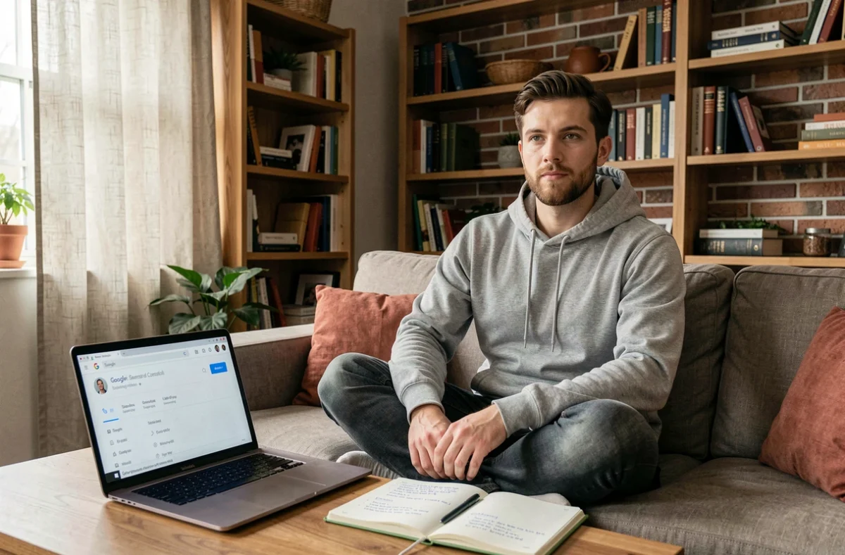 Freelance en référencement naturel analysant des données SEO sur un ordinateur portable depuis son bureau à domicile