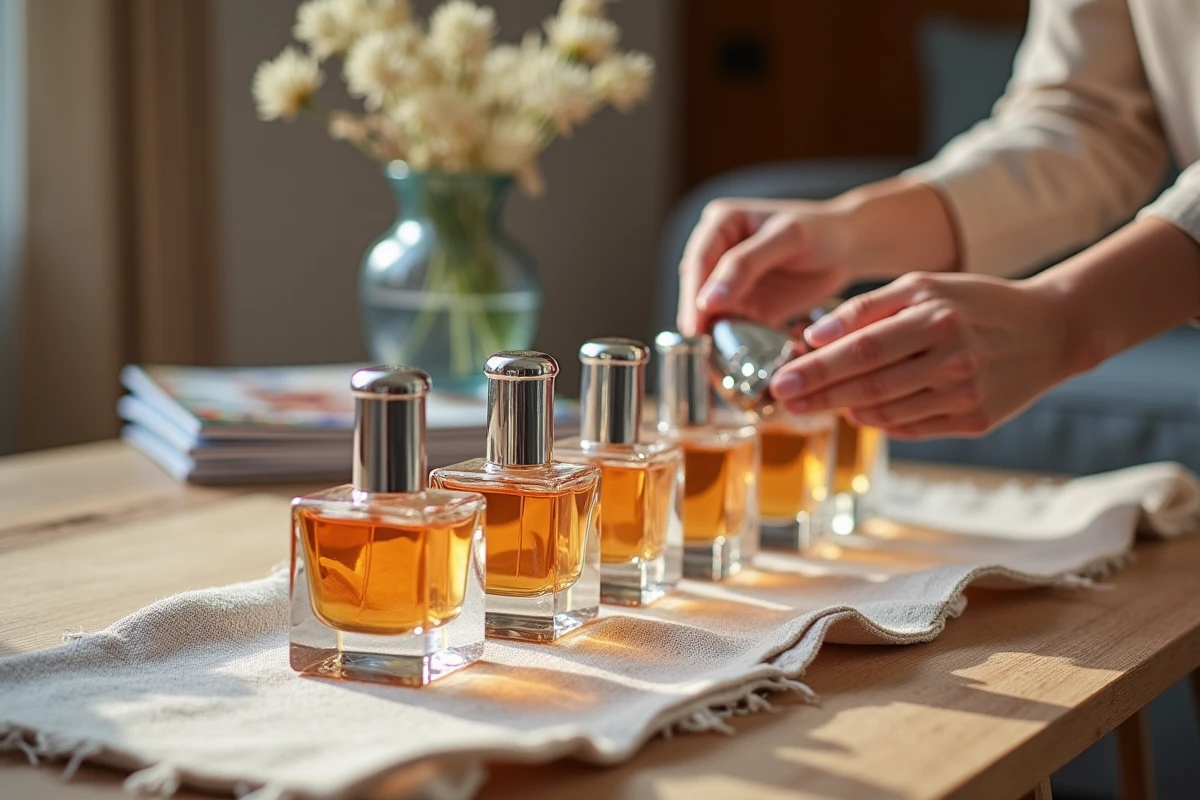 Arrangement de bouteilles de parfum sur table en linen