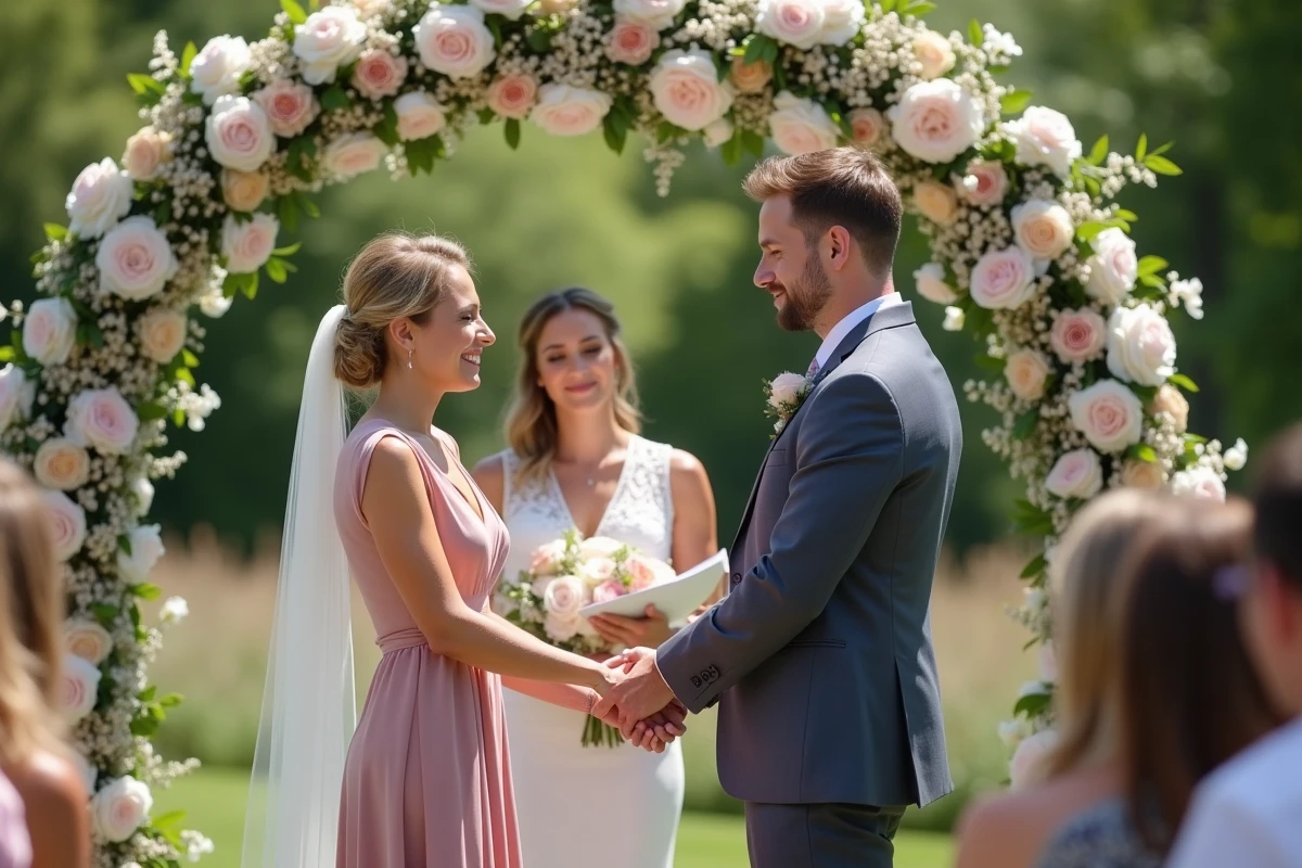Proche lisant un rituel écrit lors d'une cérémonie laïque de mariage sous un arche de fleurs en plein air