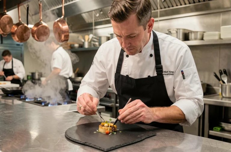 Chef professionnel en train de dresser une assiette gastronomique avec une pince de précision dans une cuisine de restaurant haut de gamme
