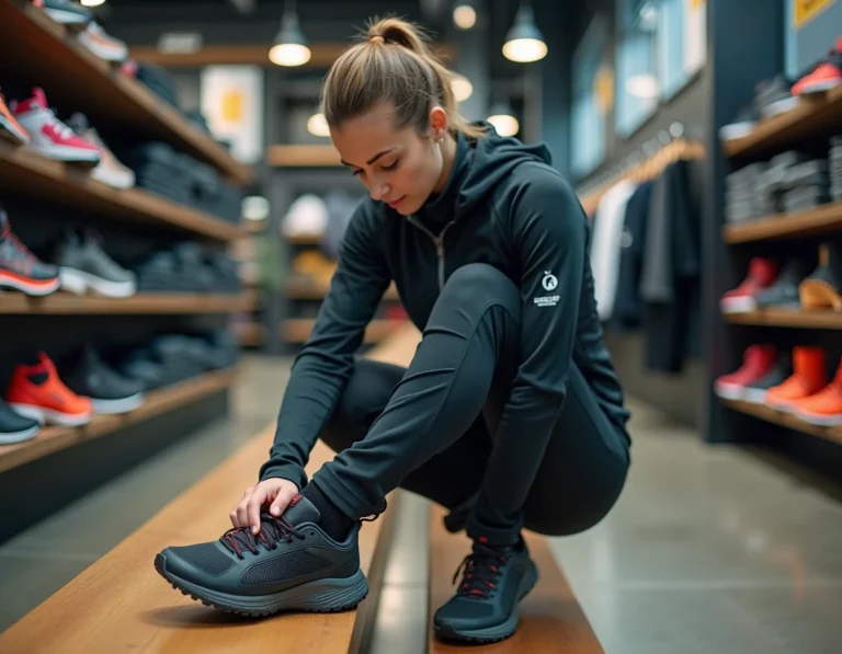 Femme athlète examinant une chaussure de trail dans un magasin de sport pour choisir le bon équipement sportif