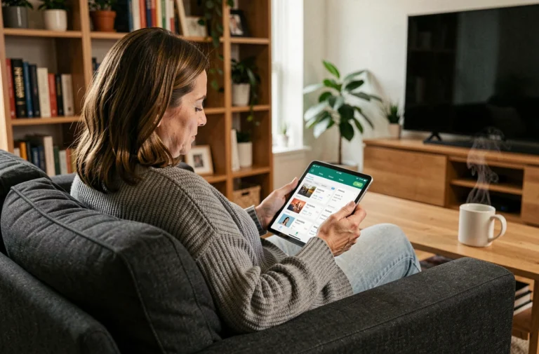 Femme détendue sur un canapé consultant le programme TV sur une tablette dans un salon cosy
