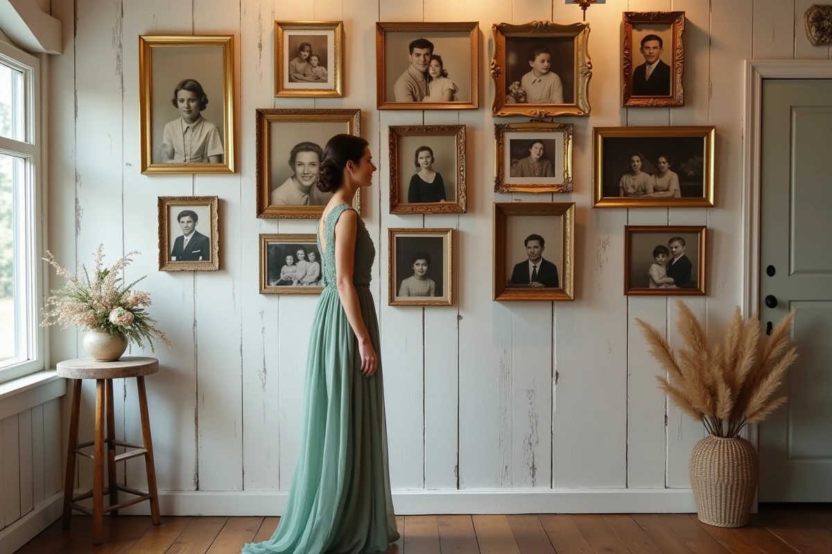 Coin photo de mariage décoré avec des portraits de famille anciens encadrés sur un mur en bois blanc vieilli