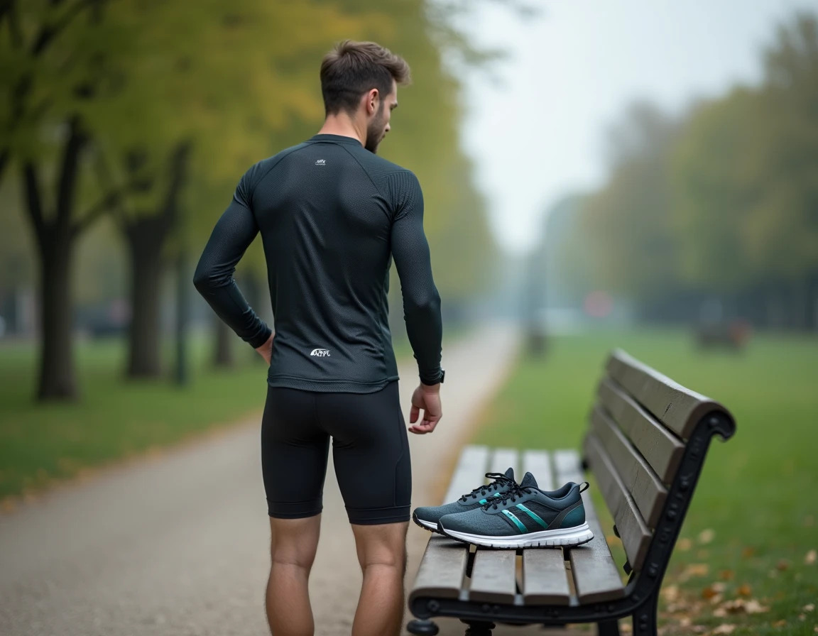 Coureur masculin comparant deux paires de chaussures de running dans un parc urbain pour optimiser ses performances sportives