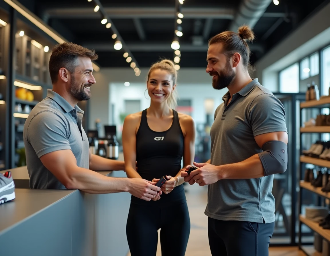 Couple de sportifs conseillé par un vendeur spécialisé pour choisir des accessoires sportifs adaptés à leurs performances