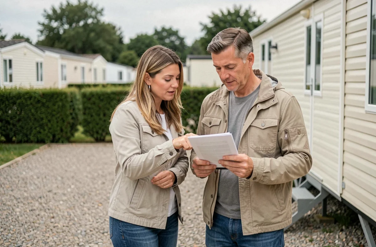 Couple étudiant les documents d'achat d'une parcelle avec mobil-home dans un camping aménagé