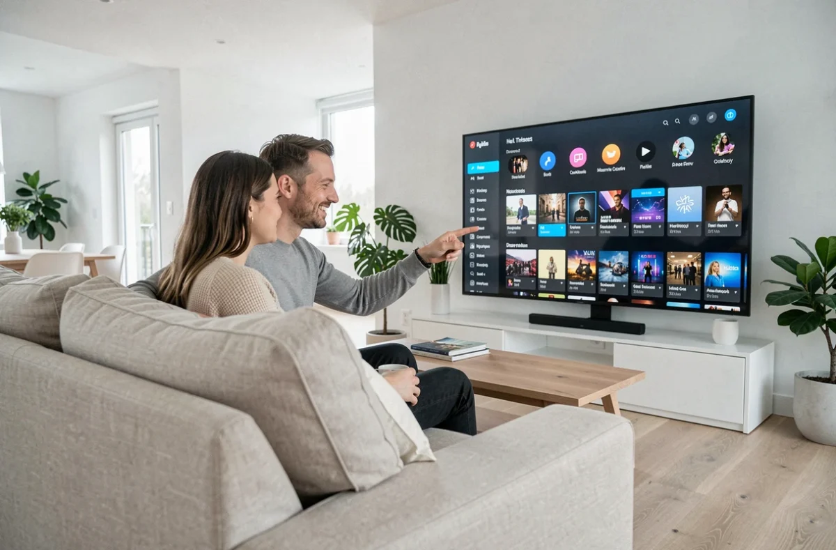 Couple choisissant ensemble un programme TV sur un écran connecté dans un salon moderne