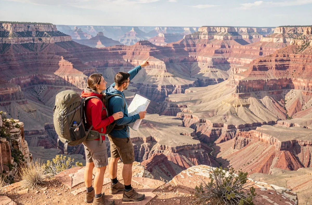 Couple de randonneurs contemplant un panorama de canyon rocheux lors d'un voyage aventure