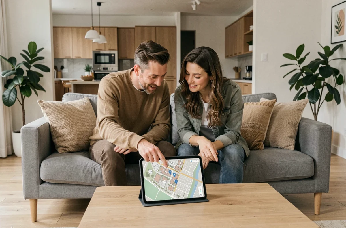 Couple recherchant un bien immobilier sur une tablette dans un salon moderne et minimaliste