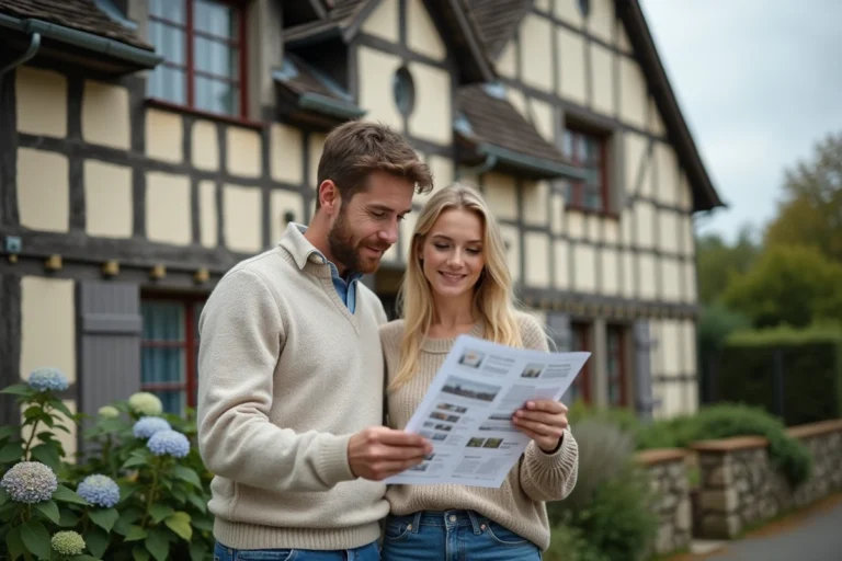 Couple consultant une annonce immobilière devant une maison normande à colombages dans un village de Normandie
