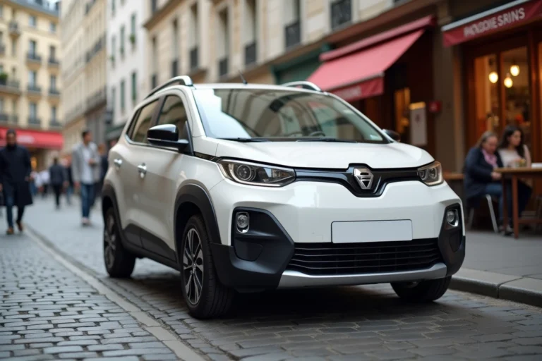 Dacia Towny garée dans une rue pavée d'un centre-ville français, vue de face en trois quarts