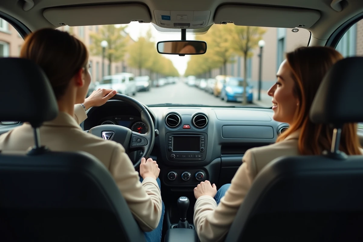 Intérieur minimaliste de la Dacia Towny avec conductrice au volant dans un cadre urbain