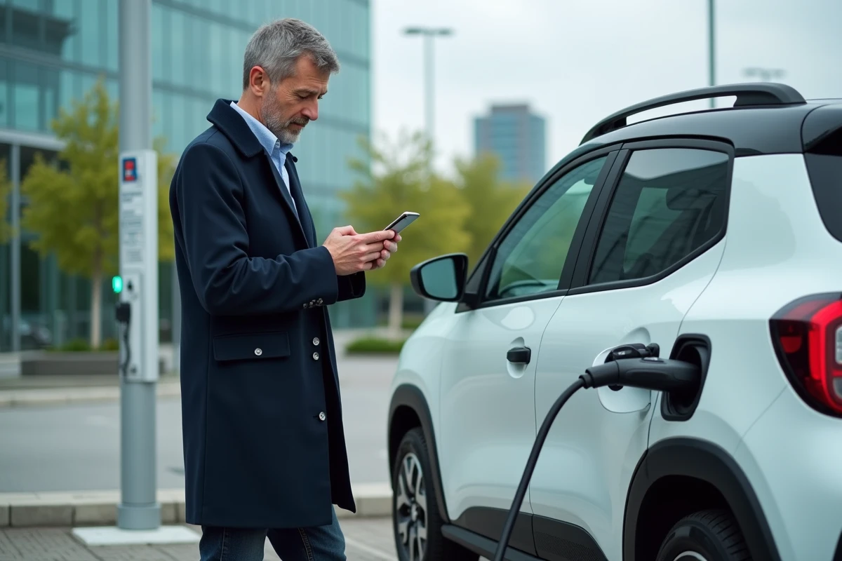 Dacia Towny en charge sur une borne électrique publique avec un homme consultant son téléphone