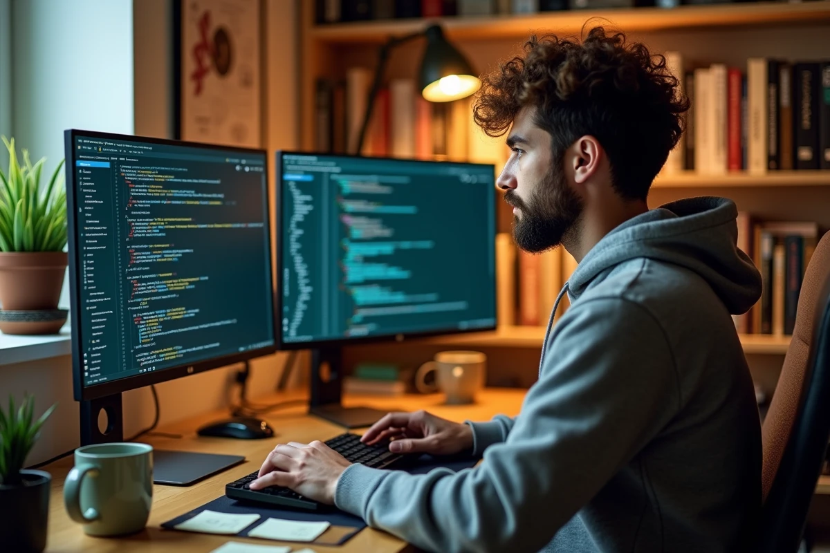 Développeur web en sweat gris travaillant sur deux écrans avec code et analytics dans un bureau à domicile chaleureux
