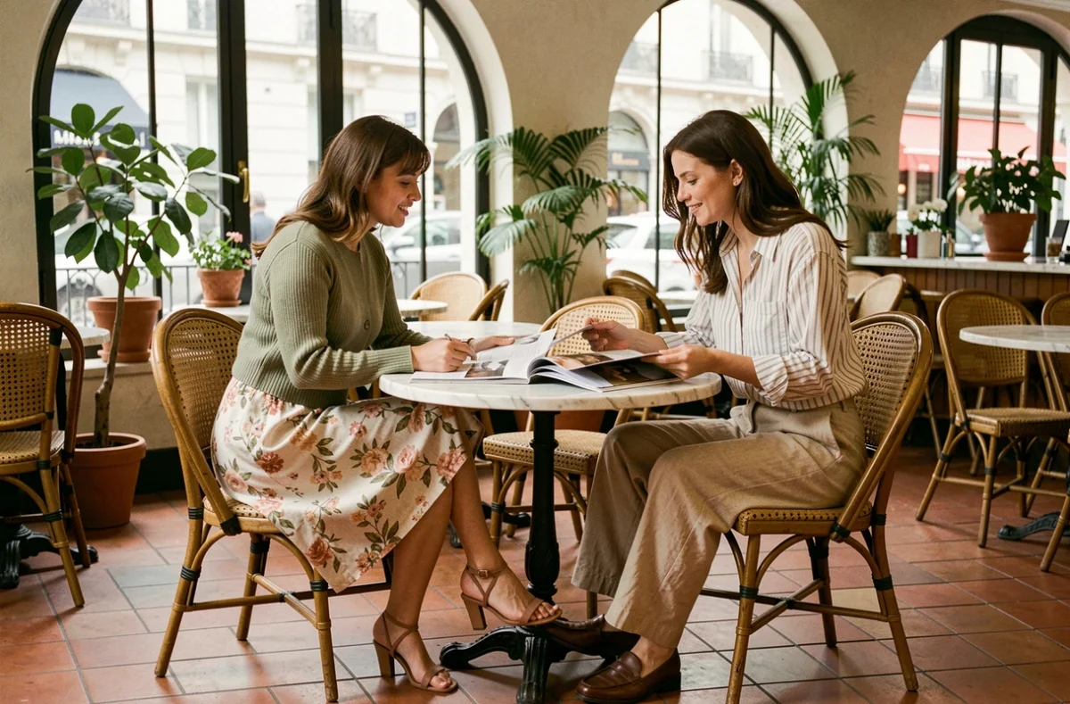 Deux femmes élégantes discutant tendances mode autour d'un magazine dans un café parisien au style authentique