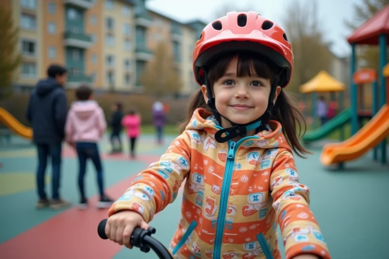 Fille de 7 ans avec casque en sécurité devant son vélo