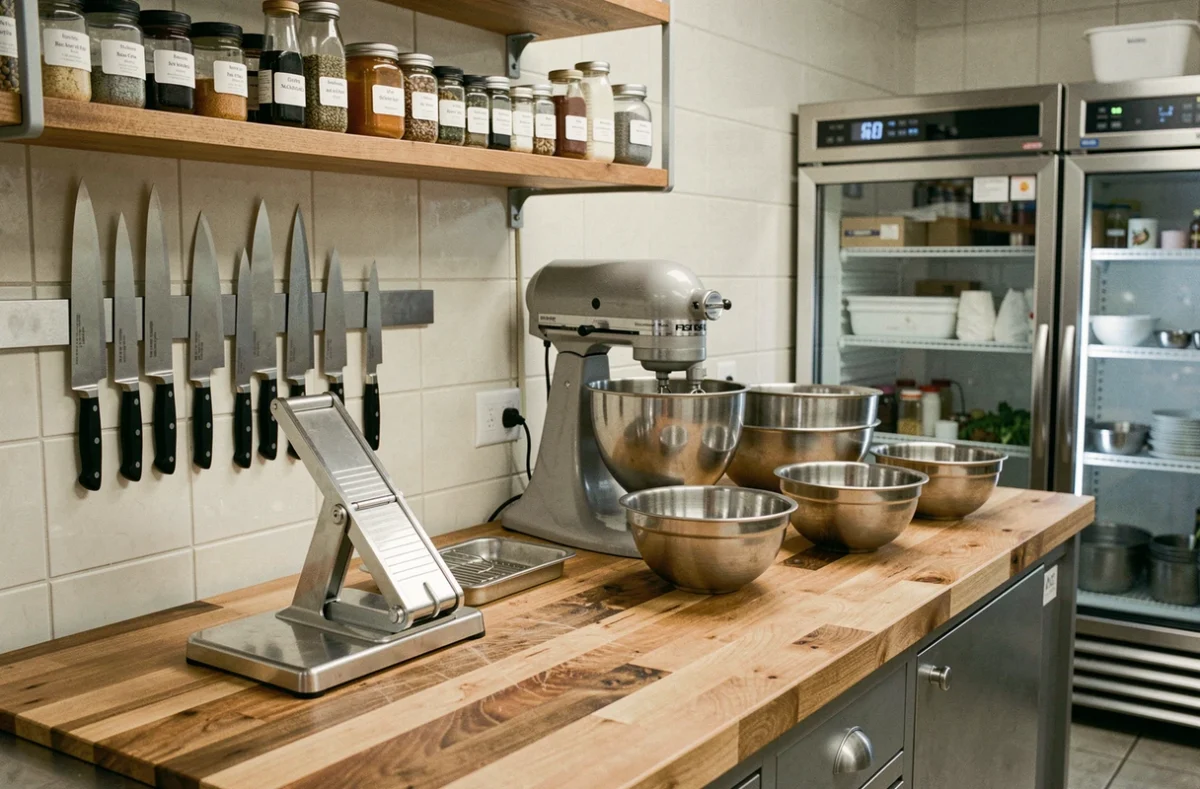 Équipement culinaire professionnel organisé sur un plan de travail en bois dans une cuisine de restauration moderne