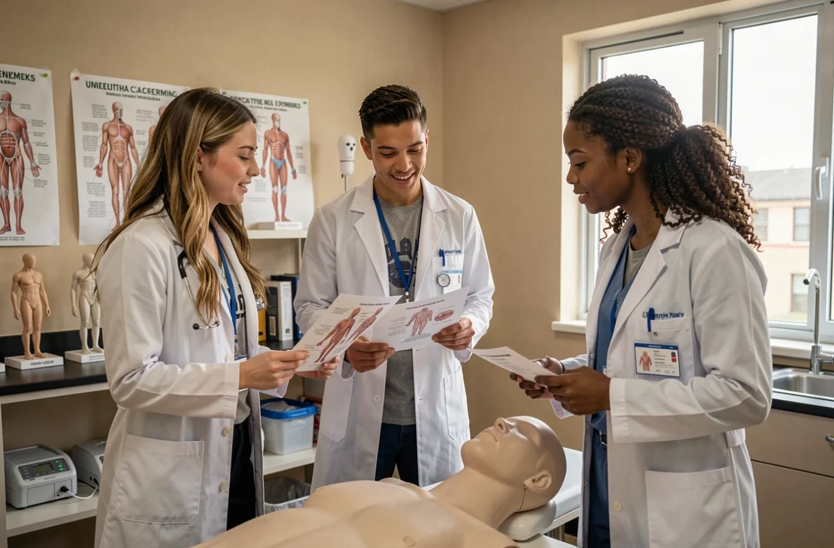 Étudiants en santé pratiquant sur un mannequin de simulation dans un laboratoire universitaire médical, représentant les formations aux métiers de santé de demain