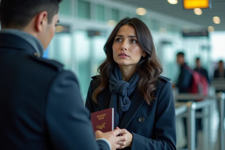 Femme à l'aéroport remettant son passeport avec anticipation
