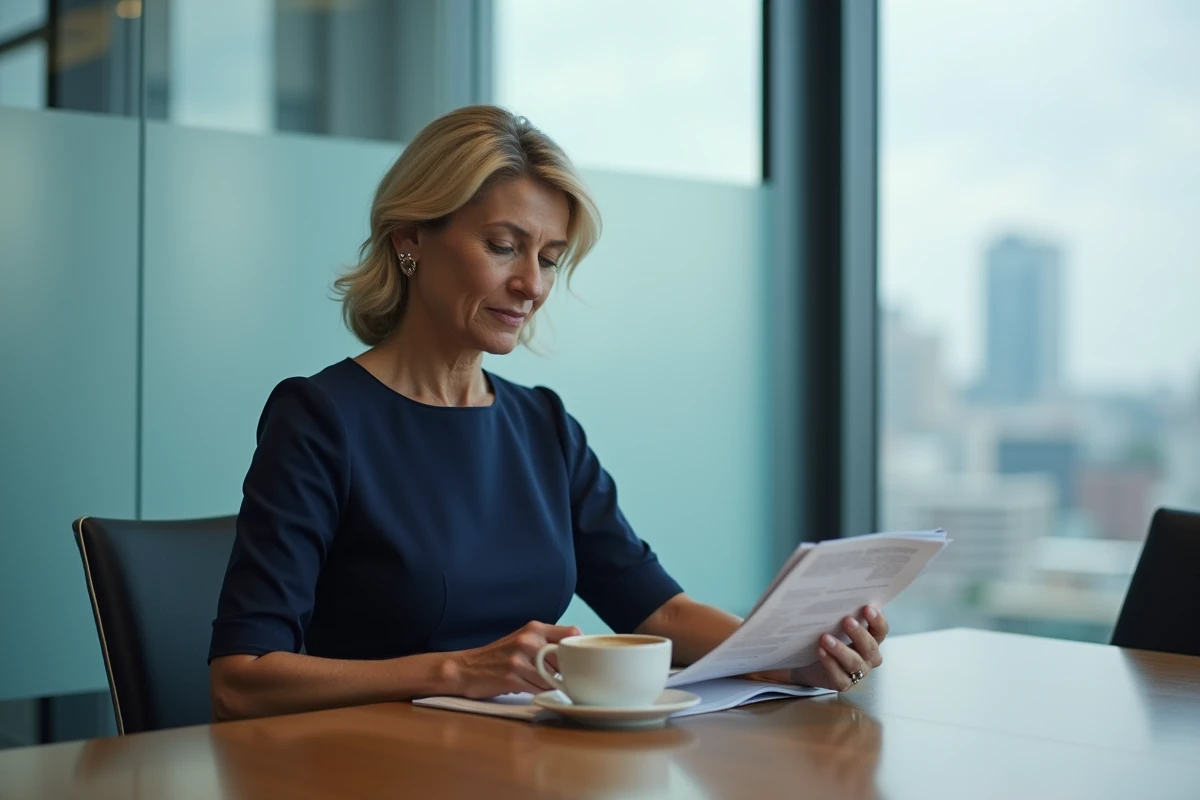 Femme élégante en réunion professionnelle dans une salle de conférence avec vue sur la ville de Sydney
