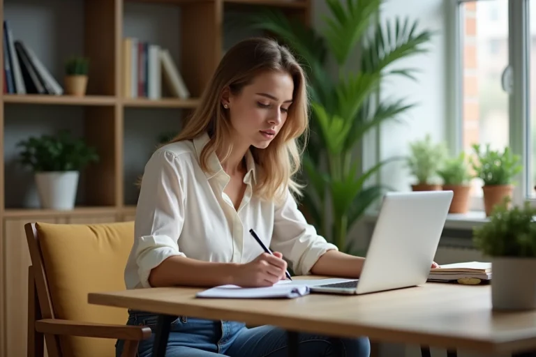 Jeune femme concentrée travaillant à son bureau moderne