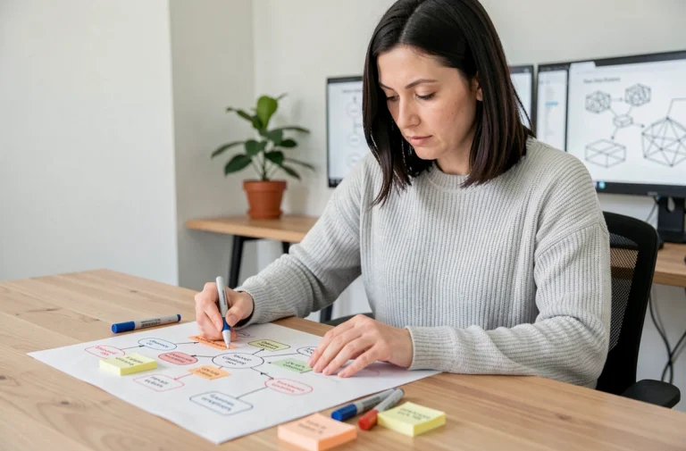 Femme professionnelle organisant la structure d'un sitemap sur une feuille de papier dans un bureau moderne