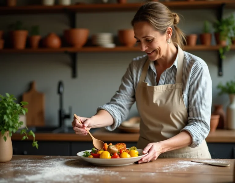 Femme en tablier de lin arrangeant des légumes rôtis colorés sur une assiette en céramique dans une cuisine rustique et chaleureuse