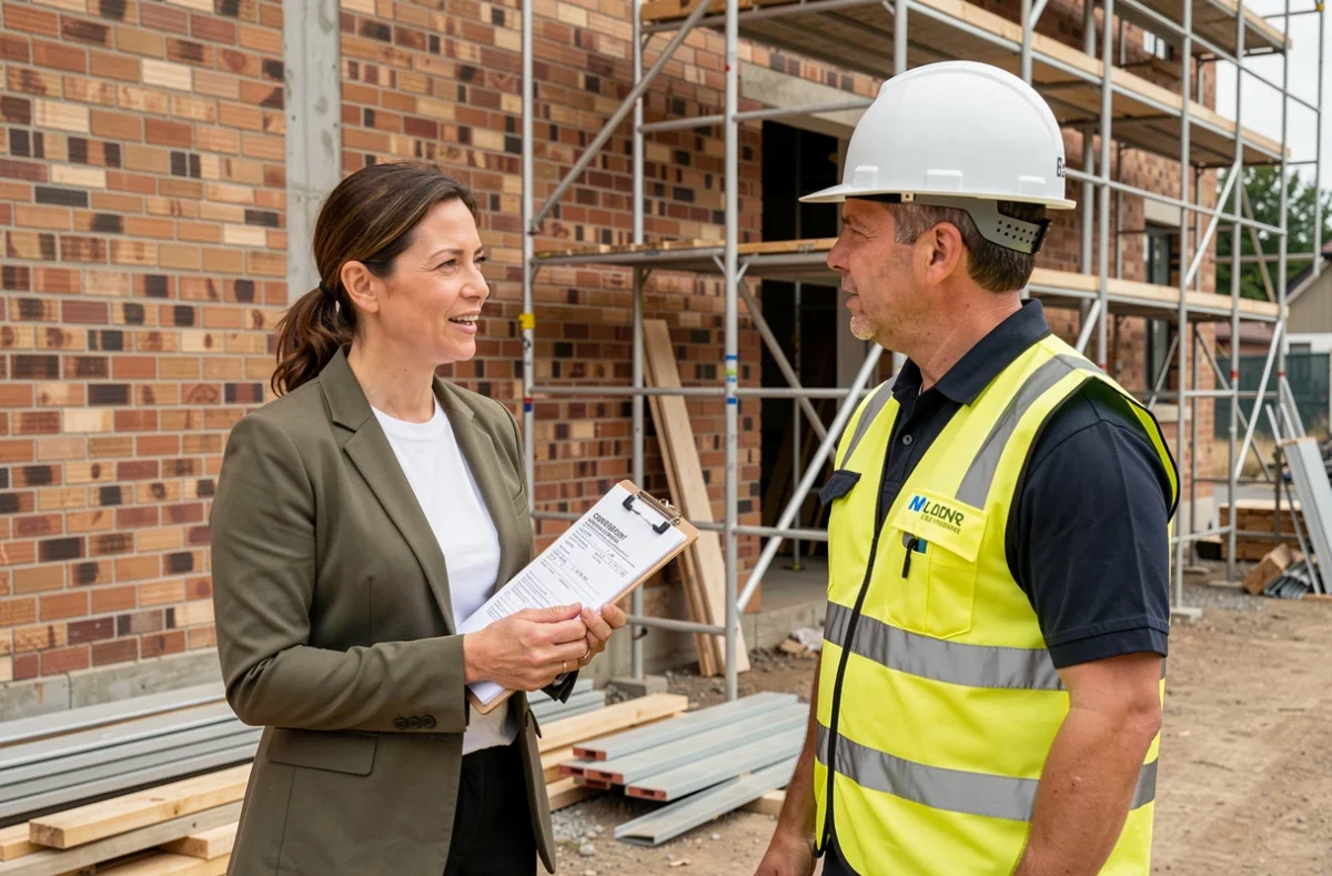 Une femme en blazer olive consulte des devis avec un chef de chantier sur un site de construction résidentiel, tenant un clipboard avec des documents contractuels