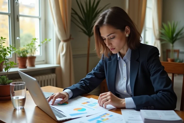 Femme française analysant des graphiques dans un appartement