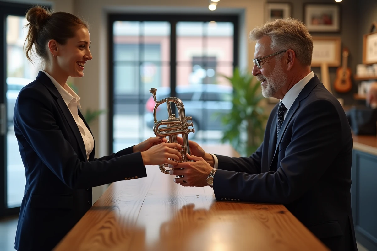 Femme recevant une trompette chez le loueur de musique