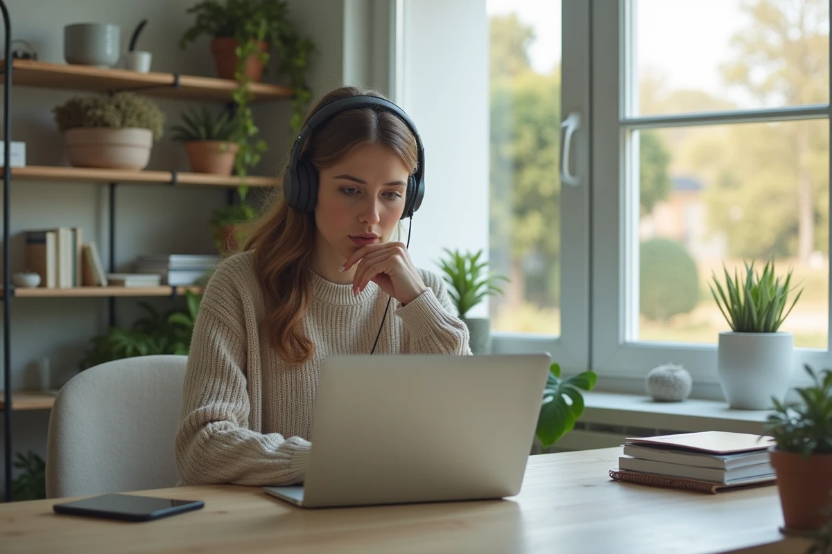 Femme travaillant sur un ordinateur dans un bureau lumineux