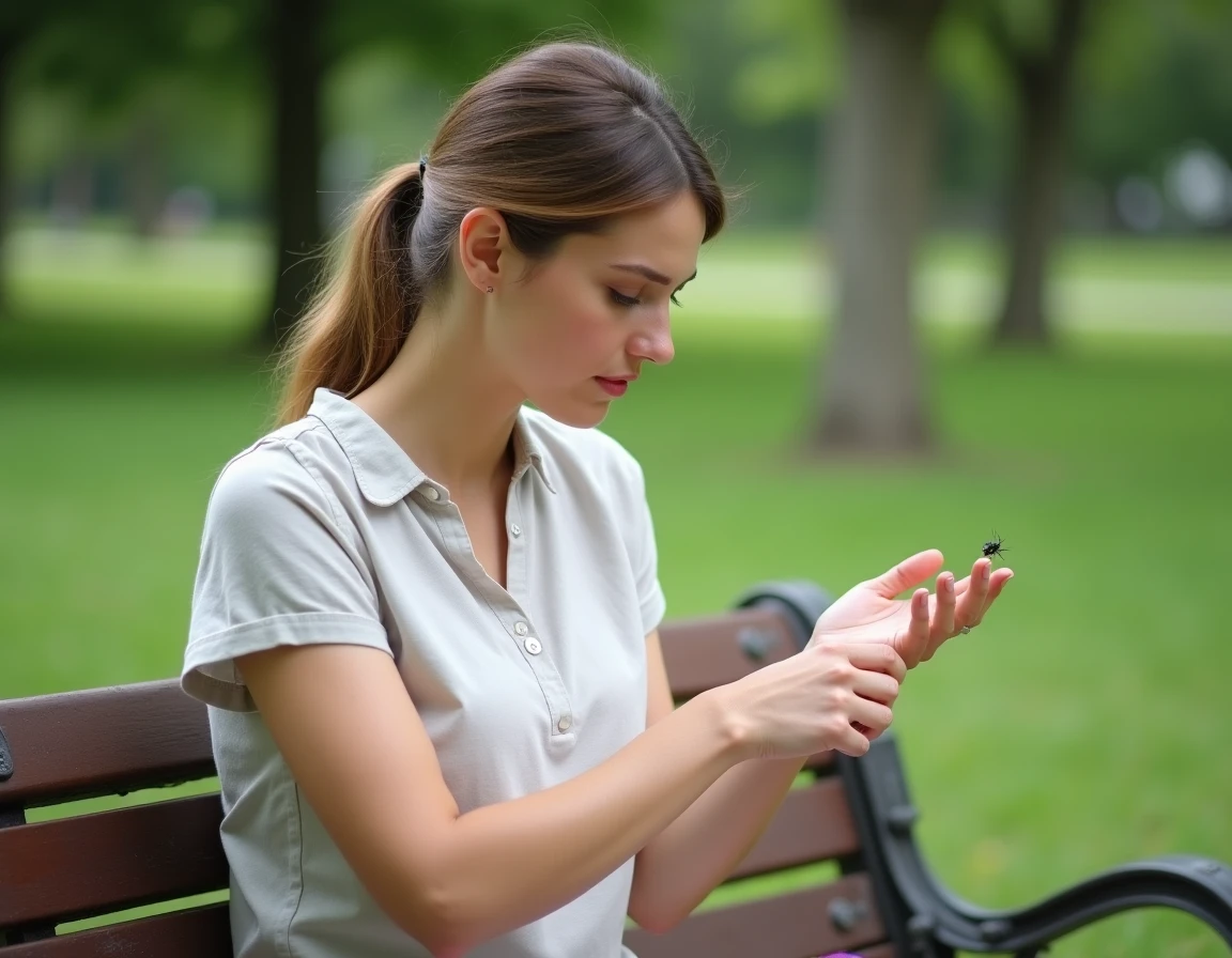 Femme examinant un petit insecte noir sur son bras dans un parc en été