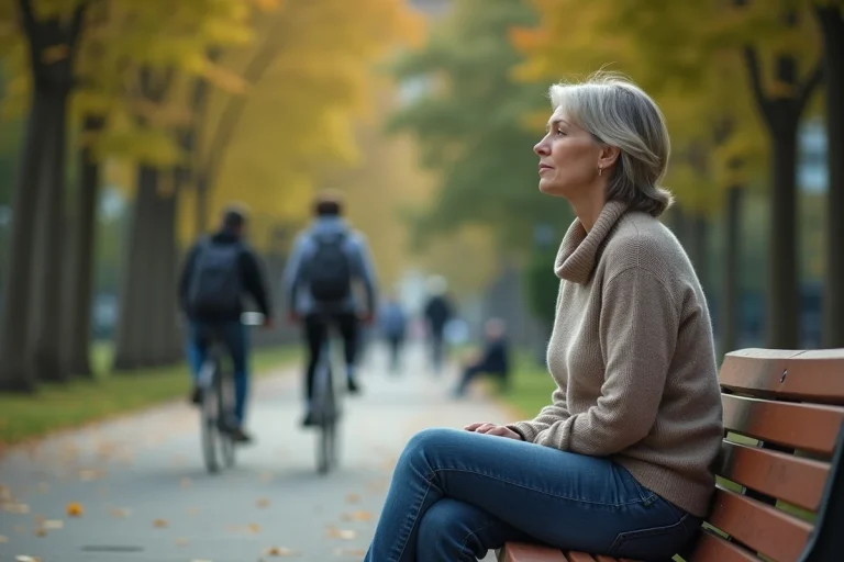 Femme assise sur un banc de parc en réflexion