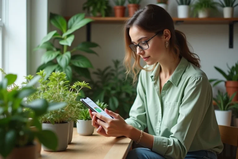 Jeune femme examine une plante d'intérieur avec son smartphone