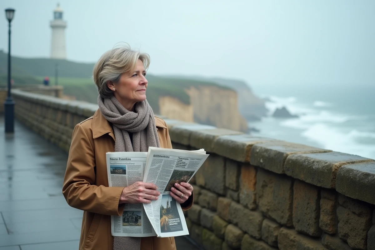 Femme regardant la mer depuis la côte normande en journée venteuse