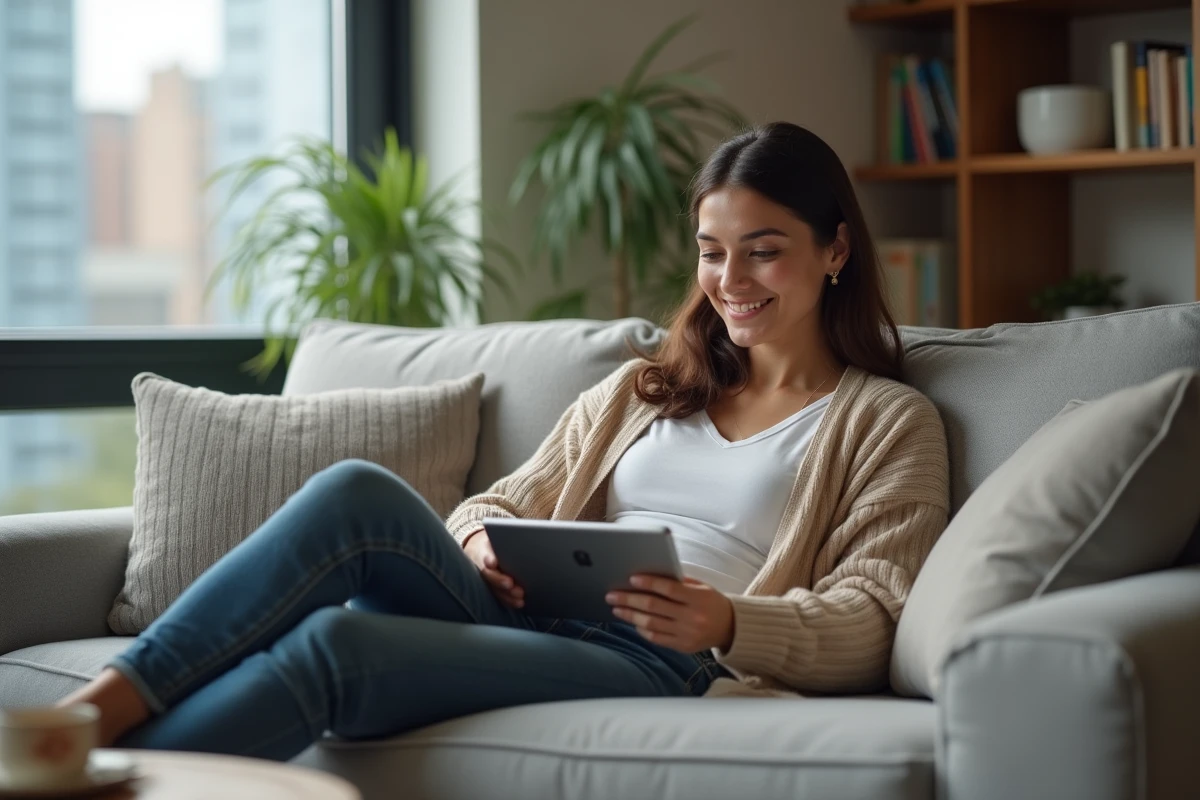 Femme souriante utilisant une tablette dans un salon lumineux