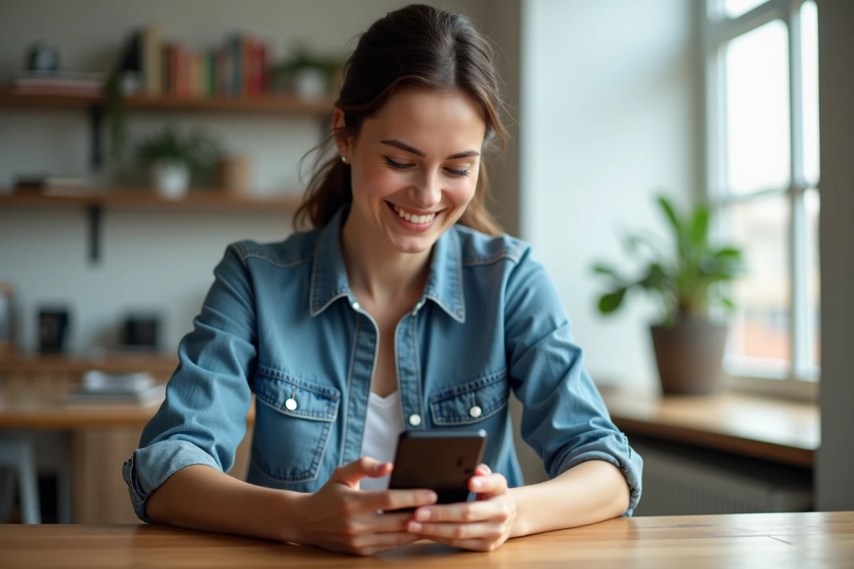 Femme souriante tenant deux smartphones dans un intérieur lumineux