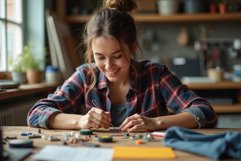 Femme en jeans soudant un circuit dans un atelier lumineux