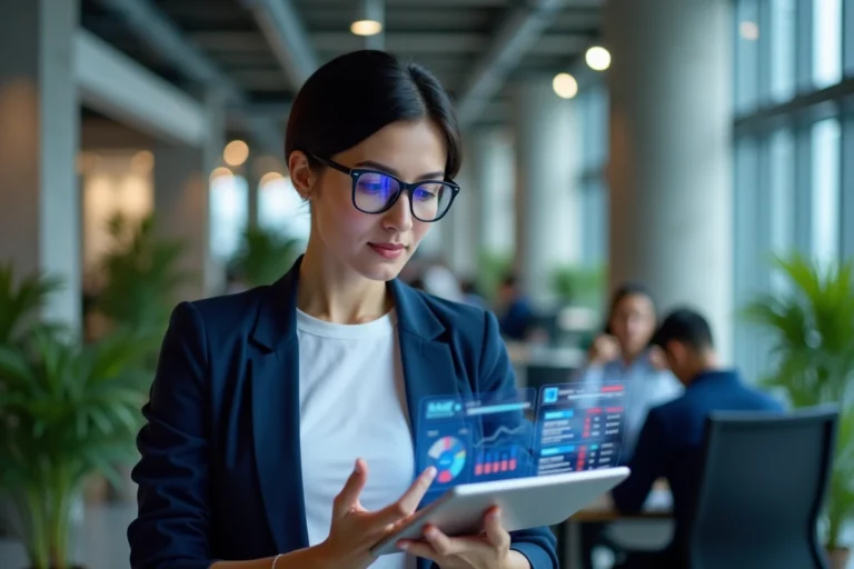 Femme professionnelle en blazer marine consultant un tableau de bord numérique sur tablette dans un bureau moderne en 2024