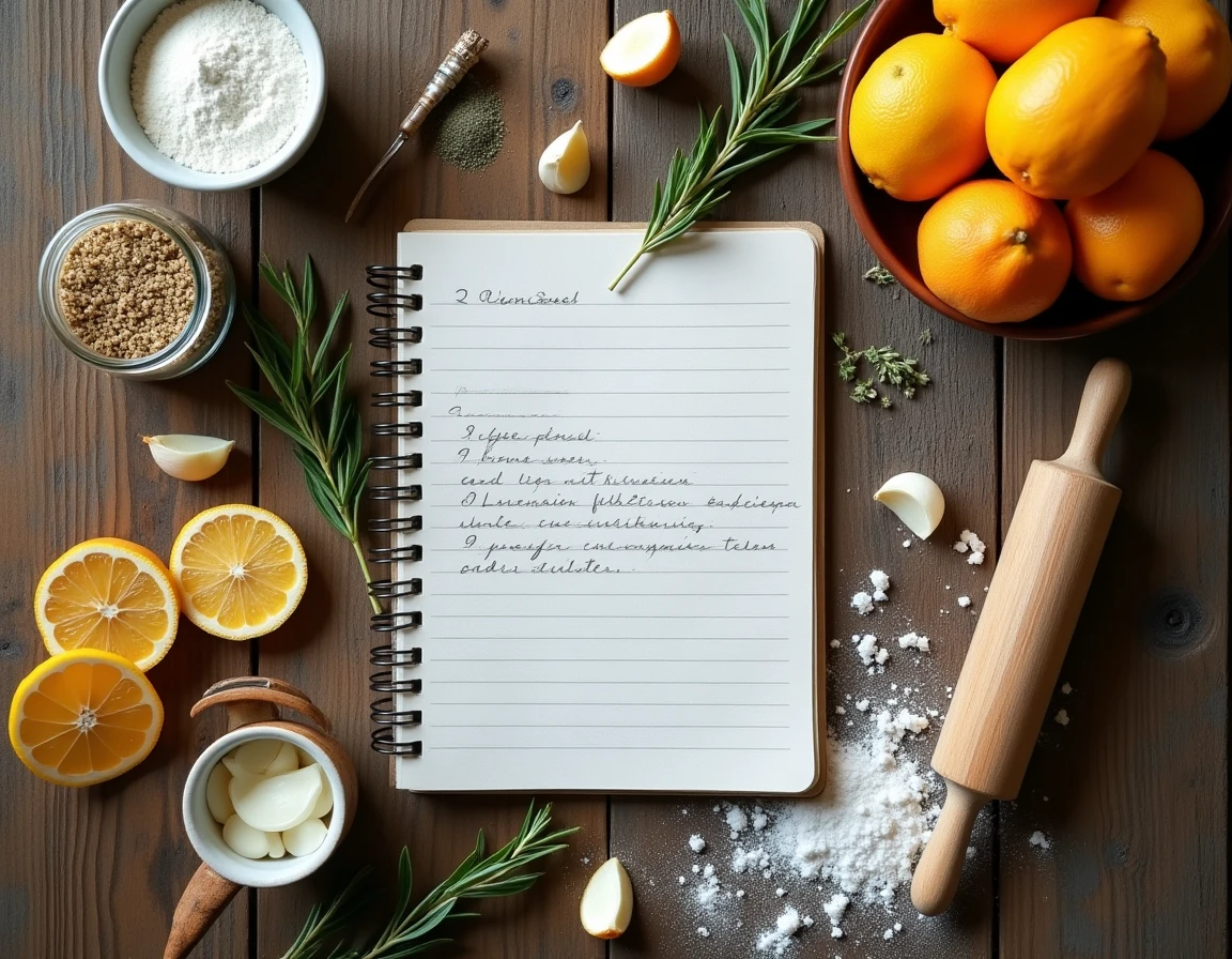 Vue de dessus d'un assortiment d'ingrédients gourmands et d'outils de cuisine artisanaux sur une table en chêne, incluant un cahier de recettes manuscrit et des herbes fraîches