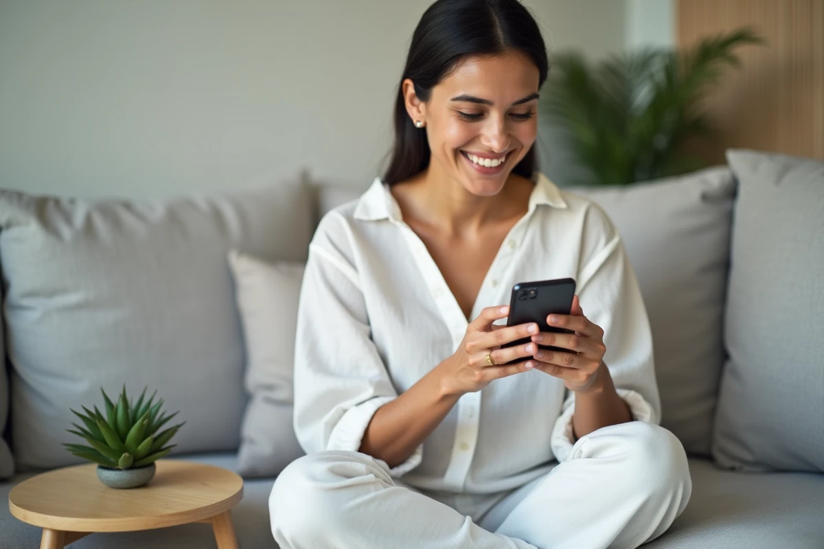 Jeune femme suivant un guide de première connexion My Very Best Card sur son smartphone dans son salon