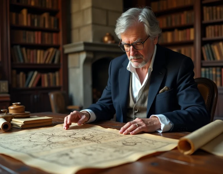 Historien examinant un arbre généalogique manuscrit des rois de France sur un bureau d'époque dans une bibliothèque ancienne