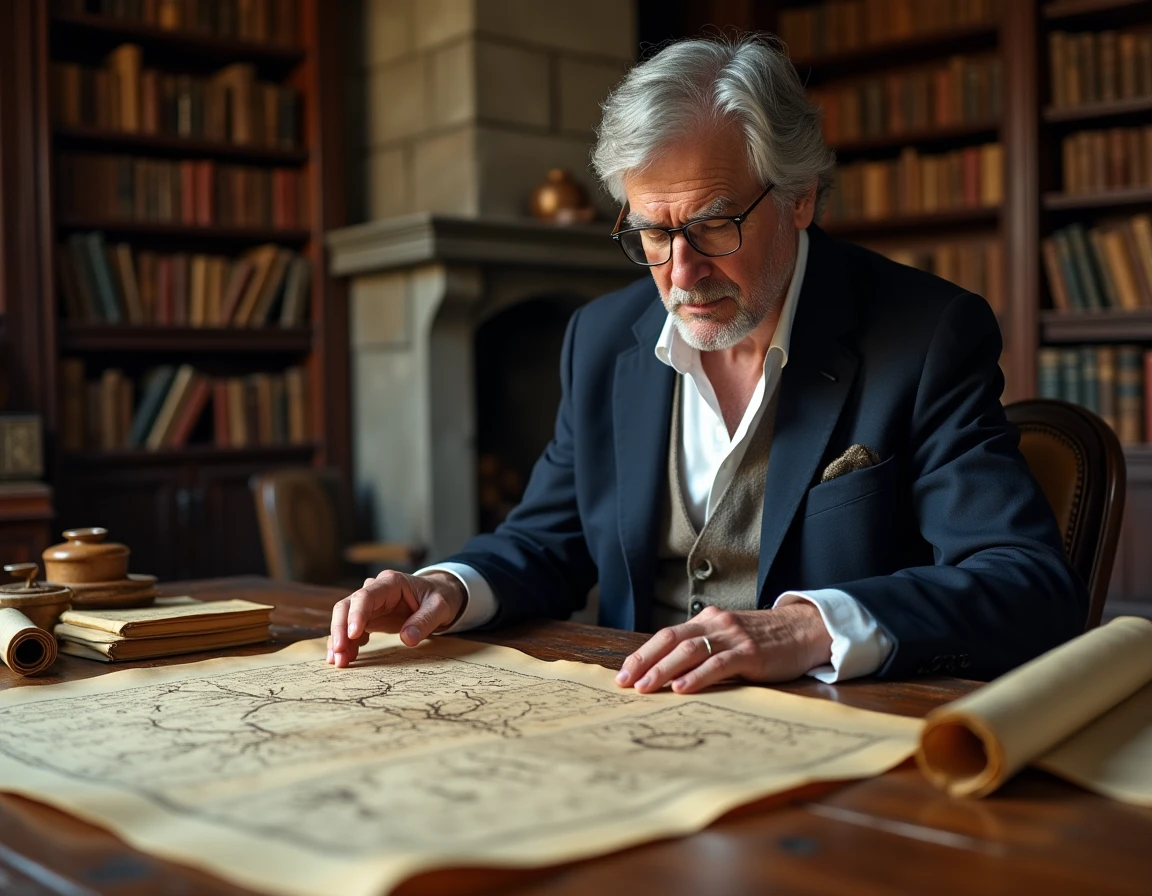 Historien examinant un arbre généalogique manuscrit des rois de France sur un bureau d'époque dans une bibliothèque ancienne